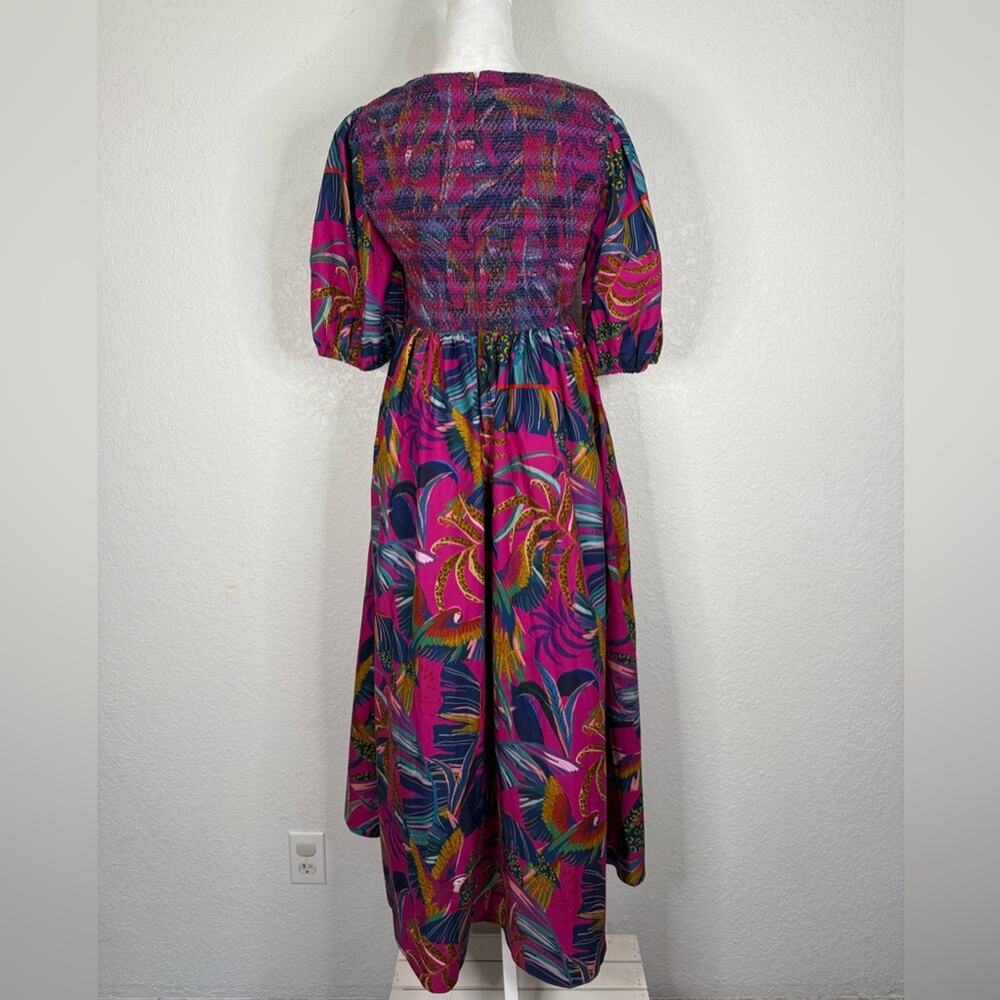 NWT FARM Rio Rainbow Macaws Smocked Puff Sleeve Midi Dress Tropical Resortwear - Picture 4 of 11